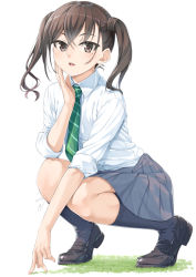 Rule 34 | 1girl, black footwear, blue socks, blush, brown eyes, brown hair, collared shirt, commentary request, grass, green necktie, grey skirt, hair between eyes, hand on own cheek, hand on own face, hand up, head rest, idolmaster, idolmaster cinderella girls, kneehighs, long hair, long sleeves, looking at viewer, miri (ago550421), mole, mole under eye, necktie, open mouth, outdoors, pleated skirt, school uniform, sharp teeth, shirt, signature, simple background, skirt, sleeves rolled up, socks, solo, squatting, sunazuka akira, teeth, twintails, upper teeth only, white background, white shirt