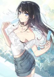 Rule 34 | 1girl, absurdres, ass, bare shoulders, black hair, blue eyes, breasts, cleavage, collarbone, dual wielding, food, from side, highres, holding, holding food, long hair, looking at viewer, medium breasts, midriff, off-shoulder shirt, off shoulder, original, popsicle, shirt, short shorts, shorts, solo, wata (attaka towel), white shirt