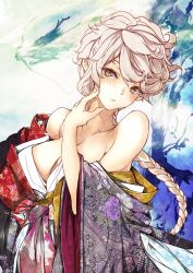 Rule 34 | 1girl, absurdres, bare shoulders, blush, braid, breasts, brown eyes, cleavage, commentary request, dragon, floral print, grey hair, hair between eyes, highres, japanese clothes, kantai collection, kimono, large breasts, long hair, looking at viewer, multicolored clothes, multicolored kimono, off shoulder, parted lips, rizzl, single braid, solo, unryuu (kancolle), very long hair, wide sleeves