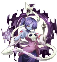 Rule 34 | 1girl, blue hair, bone, breasts, detached collar, detached sleeves, dress, hair over one eye, layered dress, leviathan (skullgirls), one eye covered, paw pose, portal (object), purple eyes, purple hair, red eyes, ryota tentei, short hair, skeletal arm, skull, skullgirls, smile, solo, squigly (skullgirls), stitched mouth, stitches, twintails, zombie
