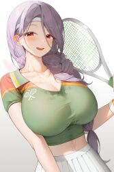 Rule 34 | 1girl, absurdres, braid, breasts, cleavage, collarbone, collared shirt, crop top, green shirt, grey hair, hair over shoulder, headband, highres, holding, huge breasts, jeon-eo konoshiro, long hair, looking at viewer, midriff, open mouth, original, pleated skirt, racket, red eyes, shirt, short sleeves, simple background, single braid, skirt, smile, solo, sweat, tennis racket, white background, white skirt