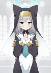Rule 34 | 1girl, absurdres, animal ear headwear, blue archive, blue eyes, blue halo, blue neckerchief, blush, closed mouth, coif, cosplay, cross hair ornament, fake animal ears, gevuxx, grey hair, habit, hair between eyes, hair ornament, halo, highres, long sleeves, looking at viewer, mari (blue archive), mari (blue archive) (cosplay), medium hair, mismatched pupils, neckerchief, nun, puffy long sleeves, puffy sleeves, shiroko (blue archive), smile, solo
