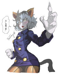 Rule 34 | 1girl, animal ears, bosstseng, breasts, cat ears, cat tail, chinese text, clenched hand, collared dress, constricted pupils, cowboy shot, dress, fighting stance, hunter x hunter, medium hair, neferpitou, short dress, signature, small breasts, solo, tail, translated