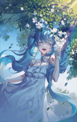 Rule 34 | 1girl, ^ ^, absurdres, bare shoulders, blue hair, blue nails, breasts, closed eyes, dress, flower, hatsune miku, highres, long hair, number tattoo, outdoors, ramingbera, shoulder tattoo, small breasts, smile, solo, standing, sundress, sunlight, tattoo, tree, vocaloid, white dress, white flower