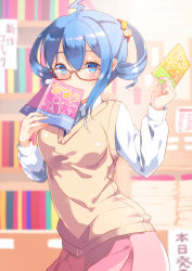 Rule 34 | 1girl, ahoge, blue eyes, blue hair, blurry, blush, book, bookshelf, covered mouth, depth of field, glasses, hair ornament, hairclip, holding, holding book, indoors, lilco, looking at viewer, matching hair/eyes, original, school uniform, shirt, skirt, solo, sweater vest, twintails, white shirt, yumekui
