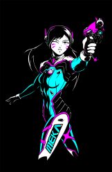 Rule 34 | 1girl, acronym, aiming, animal print, black background, blue bodysuit, bodysuit, bokchoi-al, breasts, brown eyes, brown hair, clothes writing, cowboy shot, d.va (overwatch), facepaint, facial mark, finger on trigger, flat color, gloves, gun, handgun, headphones, high collar, highres, holding, holding gun, holding weapon, long hair, looking at viewer, one eye closed, overwatch, overwatch 1, parted lips, pilot suit, pistol, rabbit print, ribbed bodysuit, shoulder pads, simple background, skin tight, small breasts, solo, swept bangs, weapon, whisker markings, white gloves