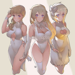 Rule 34 | 3girls, asymmetrical legwear, bandages, bare shoulders, bob cut, bow, bra strap, breasts, cleavage, cleavage cutout, closed mouth, clothing cutout, covered navel, cropped legs, detached sleeves, dress, elbow gloves, english text, frown, gloves, gradient eyes, hair bow, hair over shoulder, hairband, halter dress, halterneck, hand up, highleg, highleg leotard, inverted bob, kneehighs, large breasts, leotard, long hair, looking at viewer, low-tied long hair, medium breasts, multicolored eyes, multiple girls, original, panties, pelvic curtain, purple eyes, see-through, short dress, short hair, side-by-side, side-tie panties, sleeveless, sleeveless dress, smile, socks, thighhighs, underboob cutout, underwear, uneven legwear, white bow, white dress, white gloves, white legwear, white leotard, white panties, wookyung