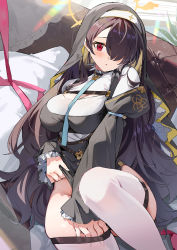 Rule 34 | 1girl, black hair, blue archive, blush, breasts, cleavage cutout, clothing cutout, garter belt, habit, hair over one eye, highres, hinata (blue archive), large breasts, long hair, long sleeves, looking at viewer, nun, red eyes, simao (x x36131422), skindentation, solo, thighhighs, wavy hair, white thighhighs