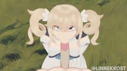 Rule 34 | 1boy, 1girl, animated, animated gif, barbara (genshin impact), blonde hair, blue eyes, breasts, dress, fellatio, genshin impact, hair ornament, hetero, kneeling, long hair, looking at viewer, non-web source, oral, pov, ribbon, self-upload, small breasts, solo focus, twintails