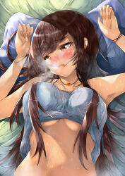 Rule 34 | 1girl, absurdres, arms up, blue shirt, blush, bracelet, breasts, breath, brown hair, clothes lift, collarbone, exhausted, fingernails, from above, highres, idolmaster, idolmaster shiny colors, jewelry, long bangs, long hair, looking away, lying, medium breasts, messy hair, navel, necklace, on back, on bed, orange eyes, osaki amana, shinji (nicoseiga 5907489), shirt, shirt lift, sleeveless, stomach, sweat, swept bangs, underboob, upper body