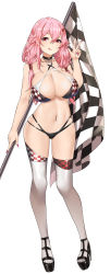Rule 34 | 1girl, absurdres, bare shoulders, bikini, black bikini, black footwear, blush, breasts, checkered flag, cleavage, collarbone, commission, fingernails, flag, full body, gluteal fold, guilty crown, hair between eyes, hair ornament, hairclip, halterneck, hand up, high heels, highleg, highleg bikini, highres, holding, holding flag, kaiend, large breasts, long fingernails, long hair, looking at viewer, low-tied long hair, low twintails, midriff, mismatched bikini, multi-strapped bikini, nail polish, navel, navel piercing, piercing, pink hair, pink nails, race queen, red eyes, sidelocks, simple background, skindentation, smile, solo, standing, swimsuit, thighhighs, twintails, v, white background, white bikini, white thighhighs, yuzuriha inori