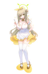 Rule 34 | 1girl, absurdres, apron, ash (cat7evy), blue archive, blush, breasts, brown footwear, cleavage, collarbone, dress, frilled apron, frills, full body, green eyes, green halo, hair between eyes, halo, high heels, highres, large breasts, light brown hair, long hair, looking at viewer, nonomi (blue archive), open mouth, signature, simple background, solo, thighhighs, white apron, white background, white thighhighs, yellow dress