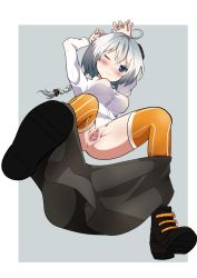 Rule 34 | 1girl, ahoge, blue eyes, blush, breasts, closed mouth, grey hair, hair between eyes, headset, highres, jacket, kizuna akari, long hair, looking at viewer, medium breasts, presenting, pussy, shigure1213, simple background, solo, spread legs, thighs, uncensored, vocaloid, voiceroid