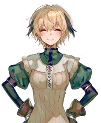 Rule 34 | 1girl, blonde hair, blouse, chocoan, closed eyes, facing viewer, fate/grand order, fate (series), gareth (fate), green shirt, hair between eyes, hands on own hips, high collar, shirt, short hair, simple background, solo, upper body, white background