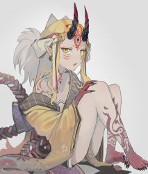 Rule 34 | 1girl, blonde hair, fang, fate/grand order, fate (series), forehead tattoo, highres, horns, ibaraki douji (fate), japanese clothes, kimono, knees up, long sleeves, off shoulder, oni horns, open clothes, open kimono, open mouth, pointy ears, sharp toenails, sitting, tattoo, toenails, walzrj, wide sleeves, yellow eyes, yellow kimono