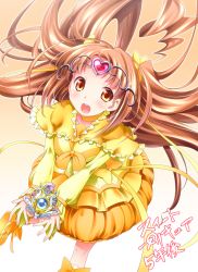 Rule 34 | 10s, 1girl, bow, brown eyes, brown hair, bubble skirt, choker, circlet, cure muse, cure muse (yellow), dress, frills, gradient background, hair bow, heart, kaneda mitsuko, long hair, magical girl, precure, ribbon, shirabe ako, skirt, smile, solo, suite precure, white background, yellow background, yellow bow, yellow dress, yellow skirt, yellow theme