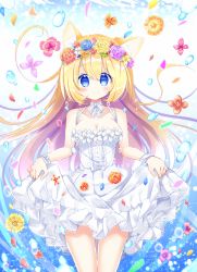 Rule 34 | 1girl, animal ear fluff, animal ears, bare shoulders, blonde hair, blue eyes, blue flower, blue rose, blush, breasts, cat ears, cleavage, closed mouth, clothes lift, collarbone, commentary request, dress, dress lift, flower, flower wreath, hair between eyes, head wreath, highres, lifting own clothes, long hair, medium breasts, moe2020, original, purple flower, purple rose, red flower, red rose, rose, shikito (yawa0w0), sleeveless, sleeveless dress, smile, solo, thigh gap, very long hair, water drop, white dress, white flower, wrist cuffs, yellow flower, yellow rose
