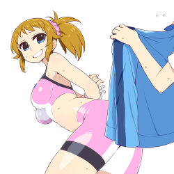 Rule 34 | 10s, 1girl, arms behind back, bare shoulders, bdsm, bike shorts, blue eyes, blush, bondage, bound, bound arms, breasts, brown hair, chan co, cowboy shot, from behind, gundam, gundam build fighters, gundam build fighters try, hoshino fumina, jacket, large breasts, long hair, looking back, midriff, navel, ponytail, rope, scrunchie, smile, solo focus, sports bra, sweat, two-tone sports bra