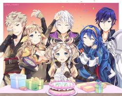 Rule 34 | 3boys, 3girls, ahoge, asymmetrical bangs, aunt and niece, birthday, birthday cake, blue eyes, bodystocking, breasts, brother and sister, cake, chrom (fire emblem), circlet, cousins, covered navel, family, father and daughter, fire emblem, fire emblem awakening, fire emblem fates, food, grandmother and granddaughter, grey eyes, happy birthday, headdress, highres, large breasts, lissa (fire emblem), lucina (fire emblem), medium breasts, min jeungi, multiple boys, multiple girls, nintendo, open mouth, ophelia (fire emblem), owain (fire emblem), robin (fire emblem), robin (male) (fire emblem), siblings, smile, tiara, upper body