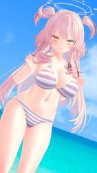 Rule 34 | 1girl, 3d, animated, bikini, bouncing breasts, breasts, cornelia vr, halo, highres, large breasts, long hair, looking at viewer, navel, pink hair, side-tie bikini bottom, solo, striped bikini, striped clothes, swimsuit, thick thighs, thighs, two-tone bikini, video, vrchat, yellow eyes