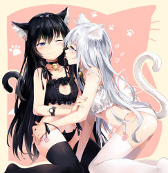 Rule 34 | 10s, 2girls, ;(, akatsuki (kancolle), animal ears, ass, bell, black hair, black legwear, black panties, blue eyes, blush, bra, breasts, cat cutout, cat ears, cat girl, cat lingerie, cat tail, cleavage cutout, clothing cutout, eye contact, female focus, from side, hand in panties, heart, hibiki (kancolle), highres, jingle bell, kantai collection, kemonomimi mode, kneeling, long hair, looking at another, matching outfits, meme attire, multiple girls, neko (yanshoujie), no shoes, one eye closed, panties, paw print, profile, side-tie panties, silver hair, small breasts, tail, tears, thighhighs, tongue, tongue out, underwear, very long hair, white legwear, white panties, wince, yuri