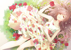 Rule 34 | 1girl, bare arms, bare legs, bare shoulders, clothes lift, dress, dutch angle, floral print, flower, grass, hair flower, hair ornament, hand on own chest, happy, leaf, light brown hair, light smile, long sleeves, looking at viewer, lying, on back, original, petals, pink flower, pink rose, plant, red eyes, retsuna, rose, skirt, skirt lift, sleeveless, sleeveless dress, smile, solo, white dress, white flower, white rose, yellow flower