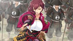 Rule 34 | 1girl, angry, armor, breasts, game cg, horse, huge breasts, japanese clothes, long hair, looking at viewer, open mouth, red hair, riding, sengoku koihime: otome kenran sengoku emaki, sitting, standing, weapon, yellow eyes
