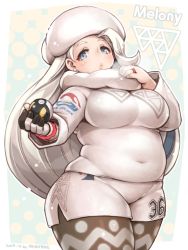 Rule 34 | 1girl, :o, blush, breasts, character name, covered navel, creatures (company), earrings, fur hat, game freak, gloves, gym leader, hat, holding, holding poke ball, jewelry, large breasts, long hair, looking at viewer, mature female, melony (pokemon), nintendo, o3o, pantyhose, pantyhose under shorts, plump, poke ball, pokemon, pokemon swsh, ring, shigatake, shorts, silver hair, single glove, solo, sweater, thick thighs, thighs, tight clothes, ultra ball, ushanka, very long hair, wedding band, white sweater