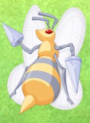 Rule 34 | antennae, artist name, bee, beedrill, bug, full body, gen 1 pokemon, green background, bug, no humans, pokemon, pokemon (creature), pokemon rgby, red eyes, simple background, solo, stinger, takoto, text focus, watermark, wings
