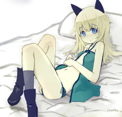 Rule 34 | 1girl, :o, animal ears, aqua babydoll, aqua panties, artist name, babydoll, bed, black footwear, blonde hair, blue eyes, blush, boots, breasts, cat ears, collarbone, covered erect nipples, eyebrows, hand on own stomach, helma lennartz, highres, izuoku, long hair, looking at viewer, lying, navel, on back, open mouth, panties, pillow, side-tie panties, small breasts, solo, strike witches, strike witches: suomus misfits squadron, underwear, world witches series