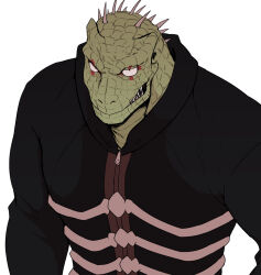 Rule 34 | 1boy, black jacket, caiman (dorohedoro), dorohedoro, furry, furry male, hood, hood down, jacket, looking at viewer, male focus, muscular, muscular male, pectorals, sharp teeth, simple background, solo, sumiyao (amam), teeth, white background