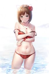 Rule 34 | 1girl, animal ears, bare shoulders, bikini, blush, breast hold, breasts, brown hair, cat ears, cleavage, closed mouth, collarbone, crossed arms, flower, green eyes, hair flower, hair ornament, highres, hip focus, idolmaster, idolmaster cinderella girls, jewelry, large breasts, looking at viewer, maekawa miku, navel, necklace, off shoulder, plaid, plaid bikini, red bikini, short hair, solo, strap slip, swimsuit, takeashiro, thighs, wading, water, wet, white background