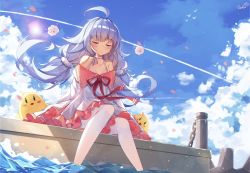 Rule 34 | 1girl, ahoge, azur lane, bare shoulders, bird, blue hair, blue sky, blush, breasts, chain, cleavage, closed eyes, closed mouth, cloud, collarbone, dango remi, day, dock, dress, floating hair, halterneck, hat, highres, light particles, long hair, long sleeves, low twintails, mole, mole under eye, nicholas (azur lane), ocean, off shoulder, outdoors, partially submerged, pleated skirt, sidelocks, sitting, skirt, sky, sleeves past wrists, small breasts, solo, splashing, stuffed animal, stuffed toy, sunlight, thighhighs, twintails, waves, white thighhighs, wind, wind lift