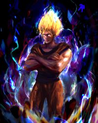 Rule 34 | 1boy, abstract background, black background, blonde hair, blue background, blue sash, blue shirt, closed mouth, commentary request, crossed arms, dragon ball, dragon ball super, dragonball z, energy, feet out of frame, glowing, glowing eyes, glowing hair, looking away, male focus, marthhh, multicolored background, orange pants, orange shirt, pants, pink background, purple background, sash, shirt, solo, son goku, standing, super saiyan, tagme, white eyes