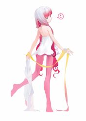 Rule 34 | 1girl, back, bare shoulders, dress, full body, gradient hair, highres, kaede (shijie heping), long hair, multicolored hair, musical note, no shoes, original, pantyhose, pink eyes, pink pantyhose, red hair, ribbon, simple background, sleeveless, sleeveless dress, smile, solo, spoken musical note, undressing, very long hair, wavy hair, white background, white dress, white hair