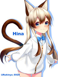 Rule 34 | 1girl, :3, absurdres, animal ear fluff, animal ears, blue bow, blue eyes, blue sailor collar, blush, bow, brown hair, cat ears, cat girl, cat tail, closed mouth, collared shirt, colored shadow, commentary request, dress shirt, drop shadow, hair between eyes, highres, jacket, leaning forward, light brown hair, long hair, long sleeves, multicolored hair, original, rukinya (nyanko mogumogu), sailor collar, shadow, shirt, sleeves past wrists, solo, tail, tail raised, twintails, twitter username, two-tone hair, very long hair, white background, white jacket, white shirt