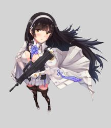 Rule 34 | 1girl, assault rifle, between breasts, black gloves, black hair, black pantyhose, blue flower, blue necktie, blunt bangs, blush, breasts, buckle, bullpup, cape, cleavage, closed mouth, clothes pull, coat, collared coat, floating hair, flower, from above, girls&#039; frontline, gloves, grey background, gun, hair between eyes, hair flower, hair ornament, hair ribbon, hairband, head tilt, high heels, highres, holding, holding gun, holding weapon, jacket, large breasts, long hair, looking at viewer, necktie, pantyhose, pantyhose pull, pleated skirt, qbz-95, ribbon, rifle, shirt, sidelocks, simple background, skirt, solo, splendour, standing, star (symbol), tassel, torn clothes, torn pantyhose, twintails, type 95 (girls&#039; frontline), very long hair, weapon, white coat, white gloves, white hairband, white shirt, white skirt, wrist straps, yellow eyes