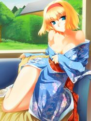 Rule 34 | 1girl, alice margatroid, alternate costume, aqua eyes, bare legs, bare shoulders, blonde hair, blue eyes, breasts, bush, cleavage, couch, floral print, grass, hair ribbon, hinohoshi ataru, japanese clothes, kimono, looking at viewer, no bra, red ribbon, ribbon, short hair, sitting, solo, touhou, tree, window
