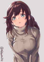 Rule 34 | 1girl, braid, breasts, brown hair, brown sweater, casual, ebifurya, green eyes, grey background, highres, kantai collection, large breasts, long sleeves, looking at viewer, noshiro (kancolle), open mouth, ribbed sweater, simple background, solo, sweater, swept bangs, turtleneck, turtleneck sweater, twin braids, upper body, v arms, white background