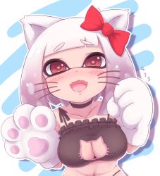 Rule 34 | 1girl, :d, absurdres, animal ears, animal hands, black bra, black choker, bow, bra, breasts, brown eyes, cat cutout, cat ears, choker, clothing cutout, fangs, furrowed brow, gloves, gradient hair, hair bow, hands up, heart, heart-shaped pupils, hello kitty, highres, inkling, inkling player character, looking at viewer, medium breasts, medium hair, meme attire, multicolored hair, navel, nintendo, open mouth, outline, paw gloves, pink hair, red bow, sanrio, shinako, short hair, smile, solo, splatoon (series), splatoon 2, symbol-shaped pupils, tentacle hair, two-tone hair, underwear, whiskers, white outline