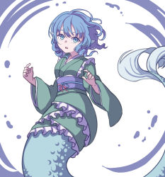 Rule 34 | 1girl, absurdres, blue eyes, blue hair, drill hair, drill sidelocks, eyebrows hidden by hair, fins, frilled kimono, frills, green kimono, head fins, highres, japanese clothes, kame (kamepan44231), kimono, long sleeves, looking at viewer, mermaid, monster girl, one-hour drawing challenge, open mouth, purple sash, sash, sidelocks, solo, touhou, wakasagihime, white background, wide sleeves