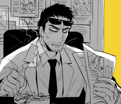 Rule 34 | 1boy, anger vein, ashtray, bags under eyes, cigarette, collared shirt, commentary request, endou yuuji, eyewear on head, facial hair, formal, goatee, greyscale with colored background, holding, holding cigarette, holding newspaper, inudori, itou kaiji, kaiji, looking at viewer, male focus, necktie, newspaper, open mouth, shirt, short bangs, short hair, solo, suit, sunglasses, upper body, very short hair