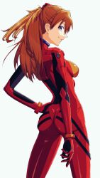 Rule 34 | 1girl, ass, blue eyes, bodysuit, breasts, brown hair, cowboy shot, hair between eyes, hand on own hip, highres, huge ass, illust aqua, long hair, looking at viewer, looking back, medium breasts, narrow waist, neon genesis evangelion, plugsuit, red bodysuit, shiny clothes, shiny skin, simple background, smile, solo, souryuu asuka langley, turtleneck, twintails, two side up, white background, wide hips