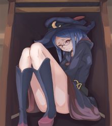 Rule 34 | 10s, 1girl, belt, blue hair, boots, convenient leg, dress, glasses, hat, highres, little witch academia, long hair, naga1047, red eyes, sitting, solo, sweatdrop, thighs, upskirt, ursula callistis, witch, witch hat