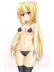 Rule 34 | 1girl, :p, ahoge, arihara nanami, arms at sides, bare arms, bare shoulders, bikini, black bikini, black thighhighs, blonde hair, blush, bow, breasts, cleavage, closed mouth, collarbone, commentary request, cowboy shot, curvy, groin, hair between eyes, hair ornament, halterneck, highres, large breasts, licking lips, long hair, looking at viewer, micro bikini, midriff, naughty face, navel, pink background, pom pom (clothes), pom pom hair ornament, ponytail, red eyes, riddle joker, shiny skin, side-tie bikini bottom, simple background, skindentation, smile, solo, split mouth, stomach, straight hair, swimsuit, tamba i, thighhighs, tongue, tongue out, tsurime, very long hair, white bow