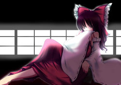 Rule 34 | 1girl, absurdres, bow, brown hair, covering face, covering own mouth, covering privates, detached sleeves, female focus, hair bow, hakurei reimu, highres, indoors, japanese clothes, miko, rino (tisato), solo, touhou