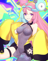 Rule 34 | 1girl, absurdres, aqua hair, breasts, character hair ornament, covered navel, creatures (company), game freak, hair ornament, highres, iono (pokemon), jacket, long hair, long sleeves, looking at viewer, medium breasts, multicolored hair, nintendo, open clothes, oversized clothes, pink eyes, pink hair, pokemon, pokemon sv, sharp teeth, smile, star (symbol), teeth, thigh strap, truejekart, twintails, two-tone hair, v-shaped eyebrows, yellow jacket
