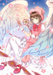 Rule 34 | 1990s (style), 1girl, bad id, bad pixiv id, brown hair, card, cardcaptor sakura, cherry blossoms, dress, flower, gloves, green eyes, highres, holding, holding card, hoshi no tsue, kinomoto sakura, looking at viewer, mary janes, pantyhose, petals, retro artstyle, shoes, short hair, solo, staff, white dress, white gloves, white pantyhose, white wings, wings, xiaosan ye