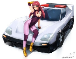Rule 34 | 1girl, blue eyes, boots, breasts, brown gloves, car, cleavage, cleavage cutout, clothing cutout, elbow pads, fingerless gloves, full body, gloves, highres, large breasts, leotard, long hair, looking at viewer, motor vehicle, orange-tinted eyewear, pantyhose, purple leotard, purple pantyhose, red hair, renais cardiff shishiou, sidelocks, signature, simple background, solo, sunglasses, tinted eyewear, vehicle request, white background, yellow footwear, yoo tenchi, yuusha ou gaogaigar, yuusha ou gaogaigar final, yuusha series