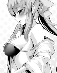 Rule 34 | 1girl, bikini, blush, breasts, fate/grand order, fate (series), folding fan, from side, greyscale, hand fan, highres, holding, holding fan, kiyohime (fate), kiyohime (fate/grand order), kiyohime (swimsuit lancer) (fate), large breasts, long hair, monochrome, ponytail, profile, sideboob, smile, swimsuit, wisespeak